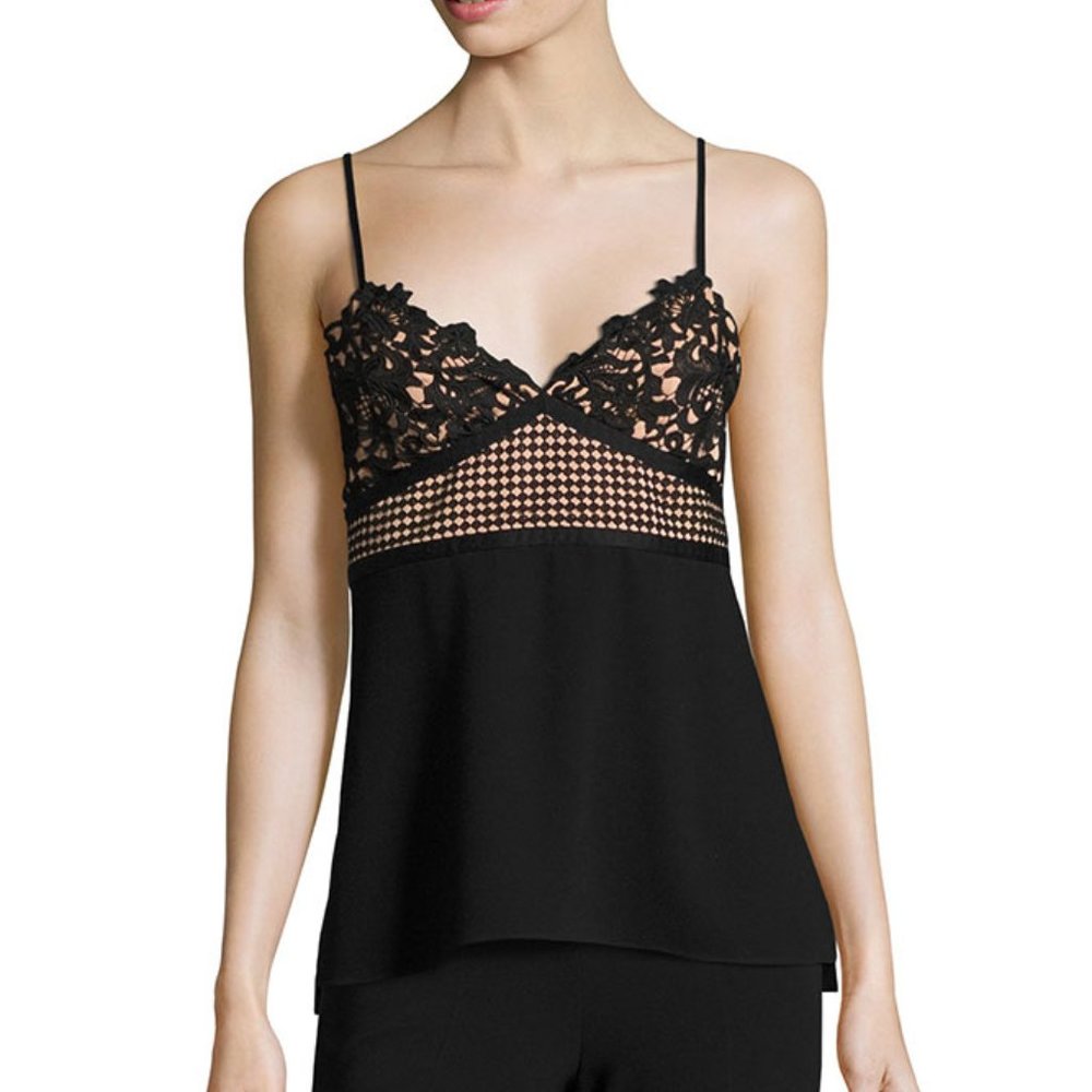 NWOT Theory Melaena Elevate Black Crepe Lace Top, Size 8